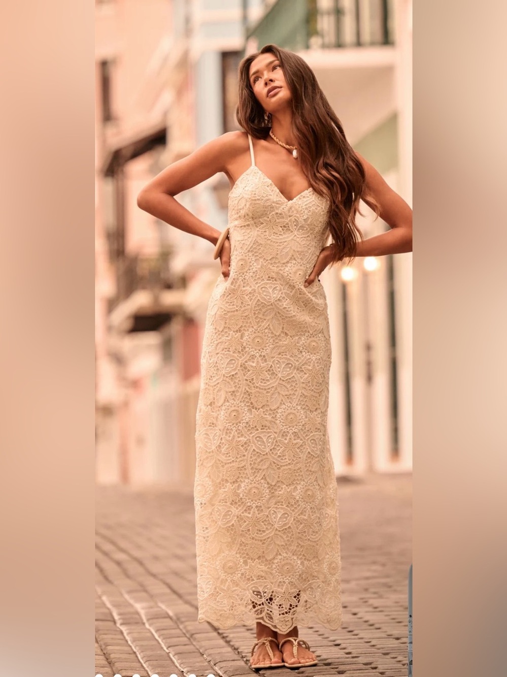 Altard State Elegant Cream Lace embroidered maxi Dress with adjustable Straps